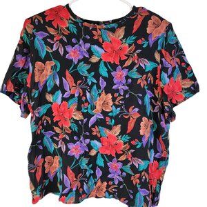 Vintage 80s Colorful Floral Blouse Shirt Women Large Black Red Flower Top 12 Fun